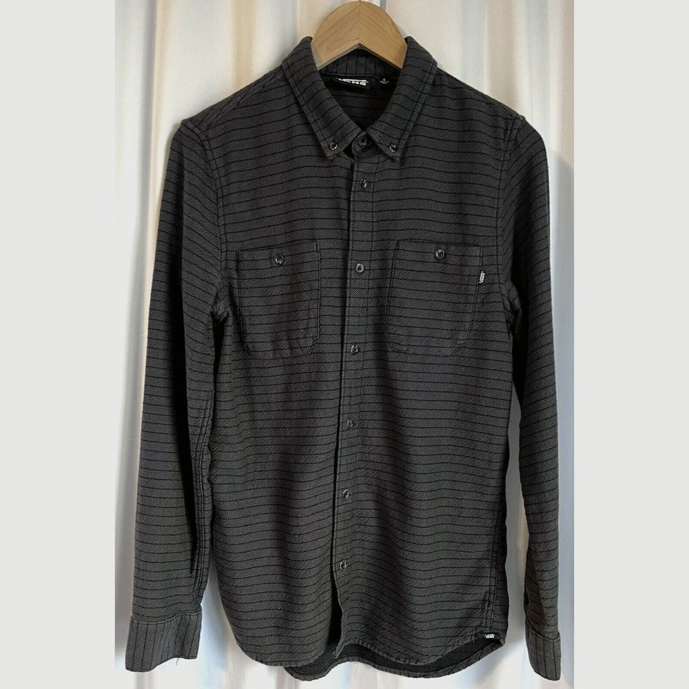 Vans Mens Button Up Shirt Black Striped Long Sleeve Pockets Casual Size S